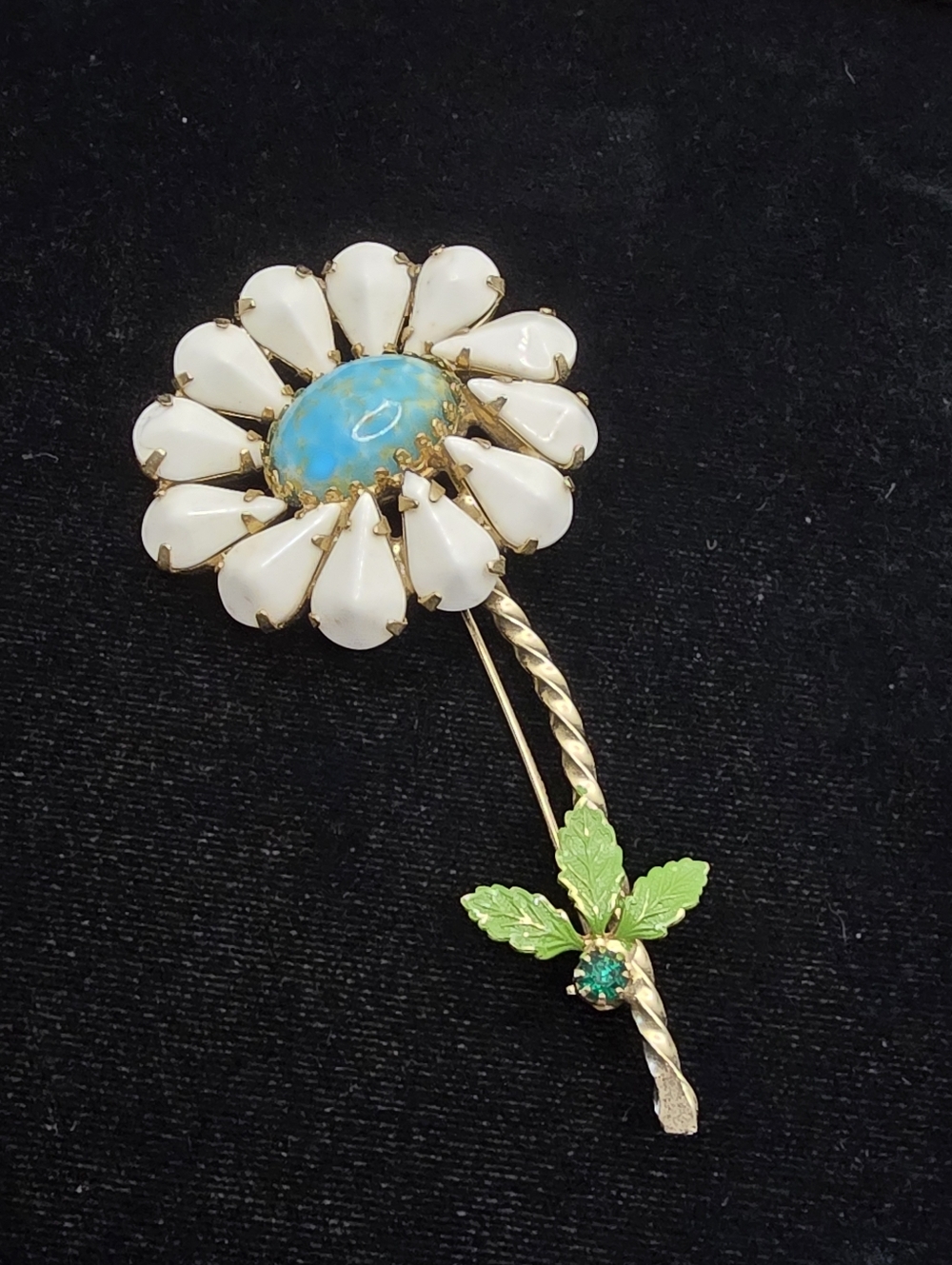Vintage Rhinestone White Turquoise Daisy Brooch 1950s 1960s Spring Summer - Picture 3 of 7